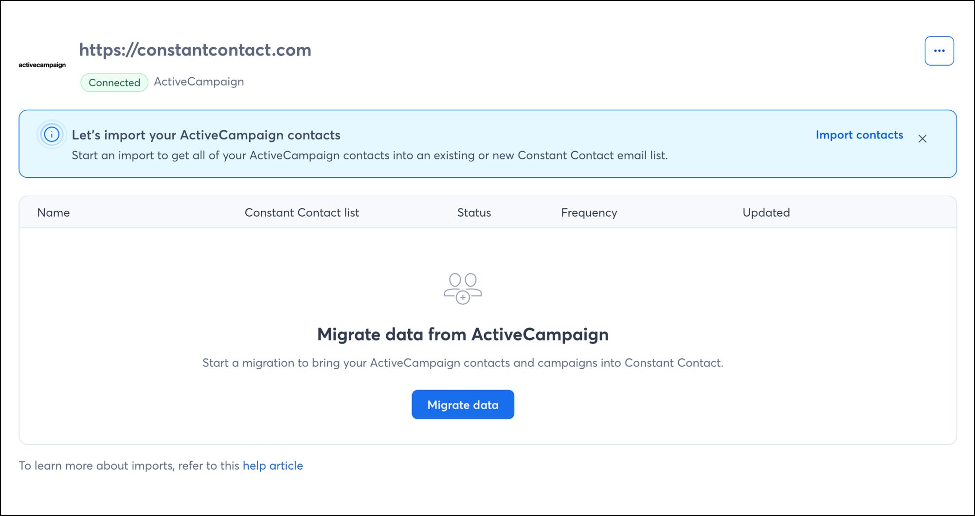 Connected ActiveCampaign integration and Migrate data button