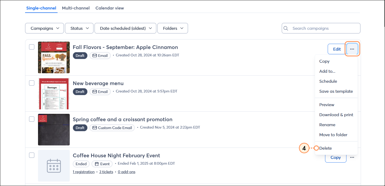 Campaigns page with campaign menu expanded and Delete option selected