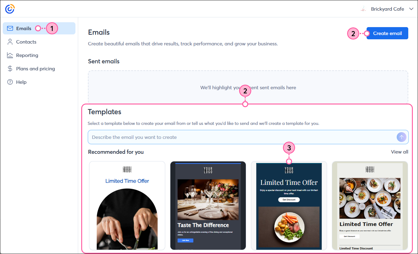 Left navigation with Emails option selected, Create Email button, AI search bar, template options, and template selected