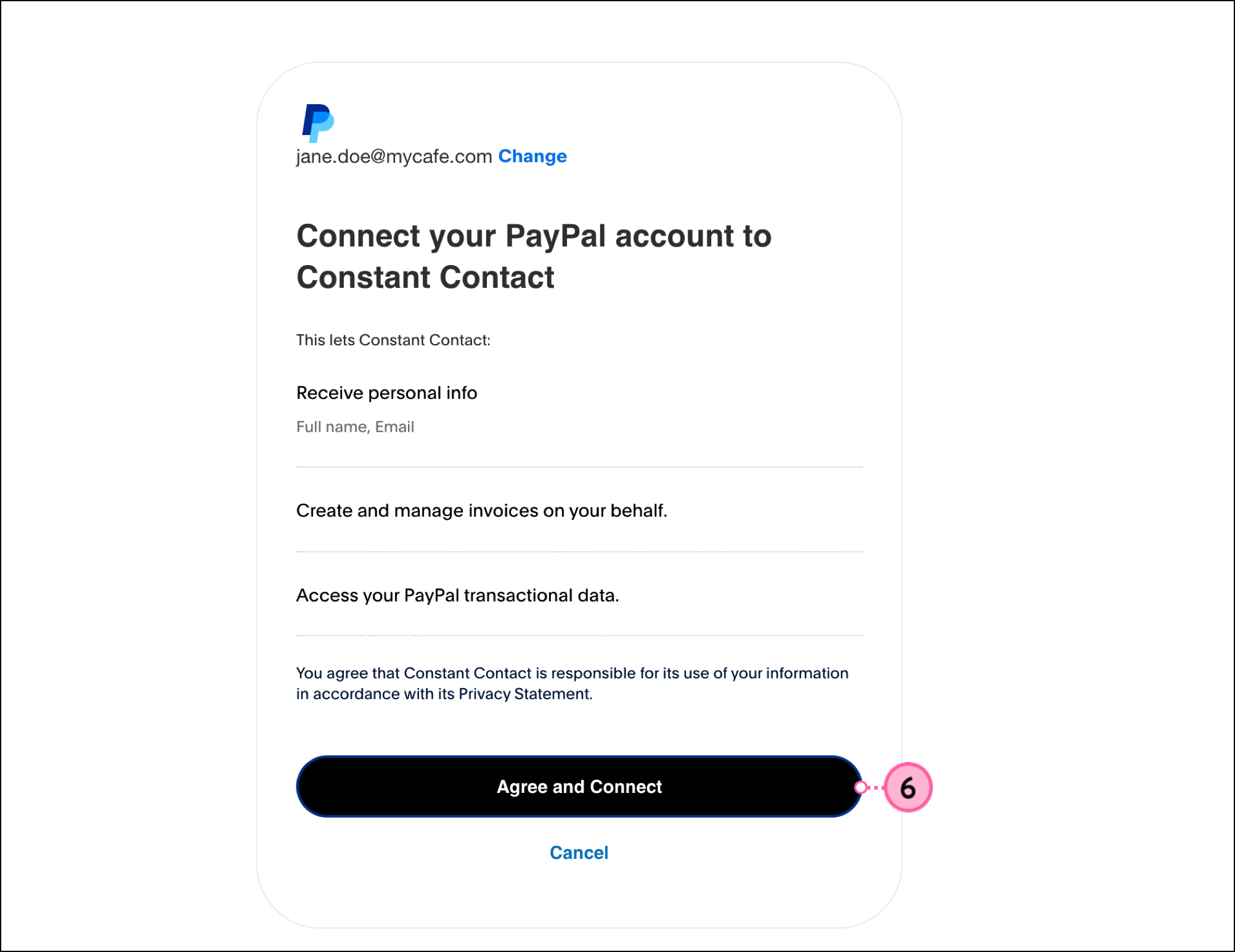 PayPal Connect your account permission review page with Agree and Connect button