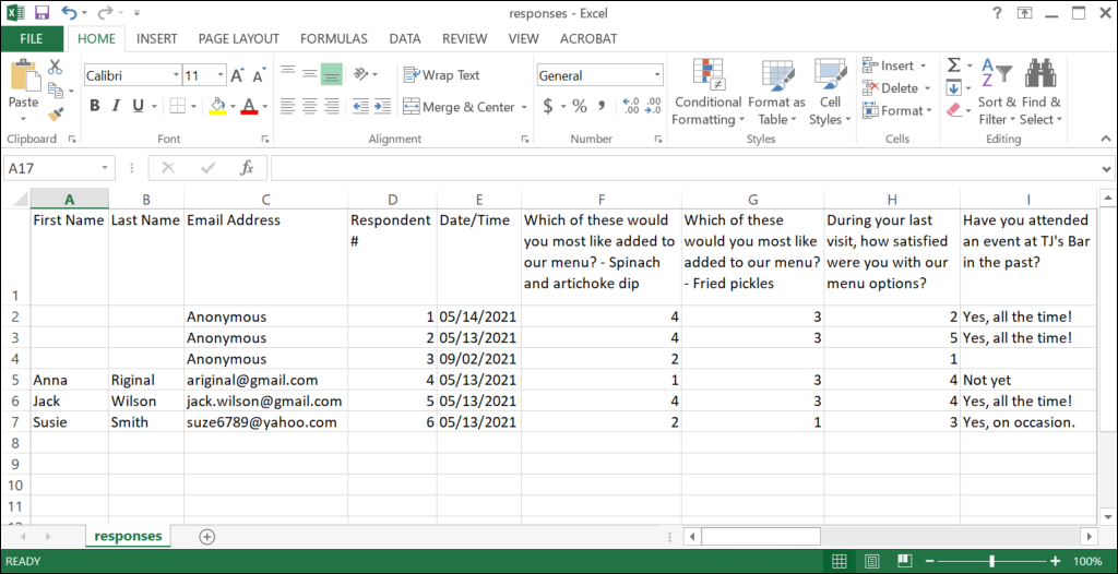 Example spreadsheet of all survey results exported with expanded columns