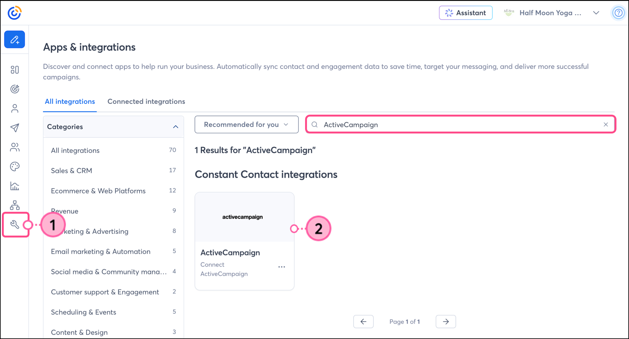 ActiveCampaign in the Integrations tab