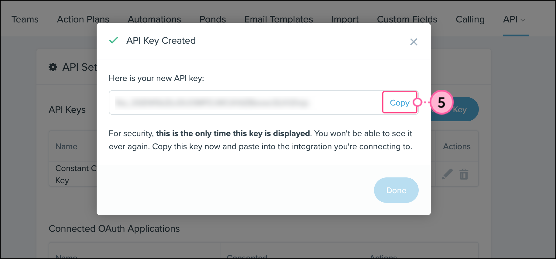 Blue Copy text by API key field