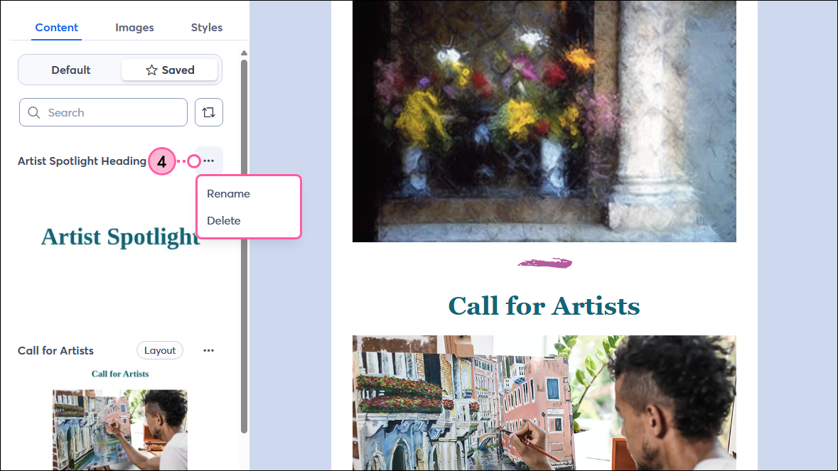 Email editor, Content panel, Saved tab, Saved content More drop-down with Rename and Delete options
