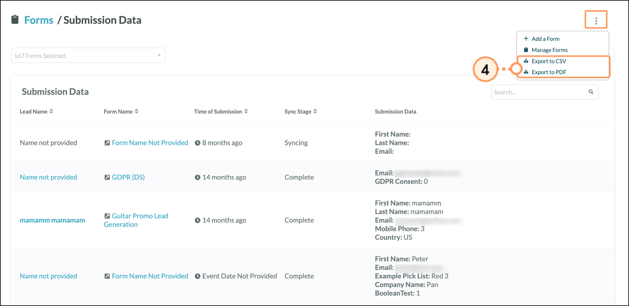 Export to CSV and Export to PDF dropdown menu Export to CSV and Export to PDF dropdown menu
