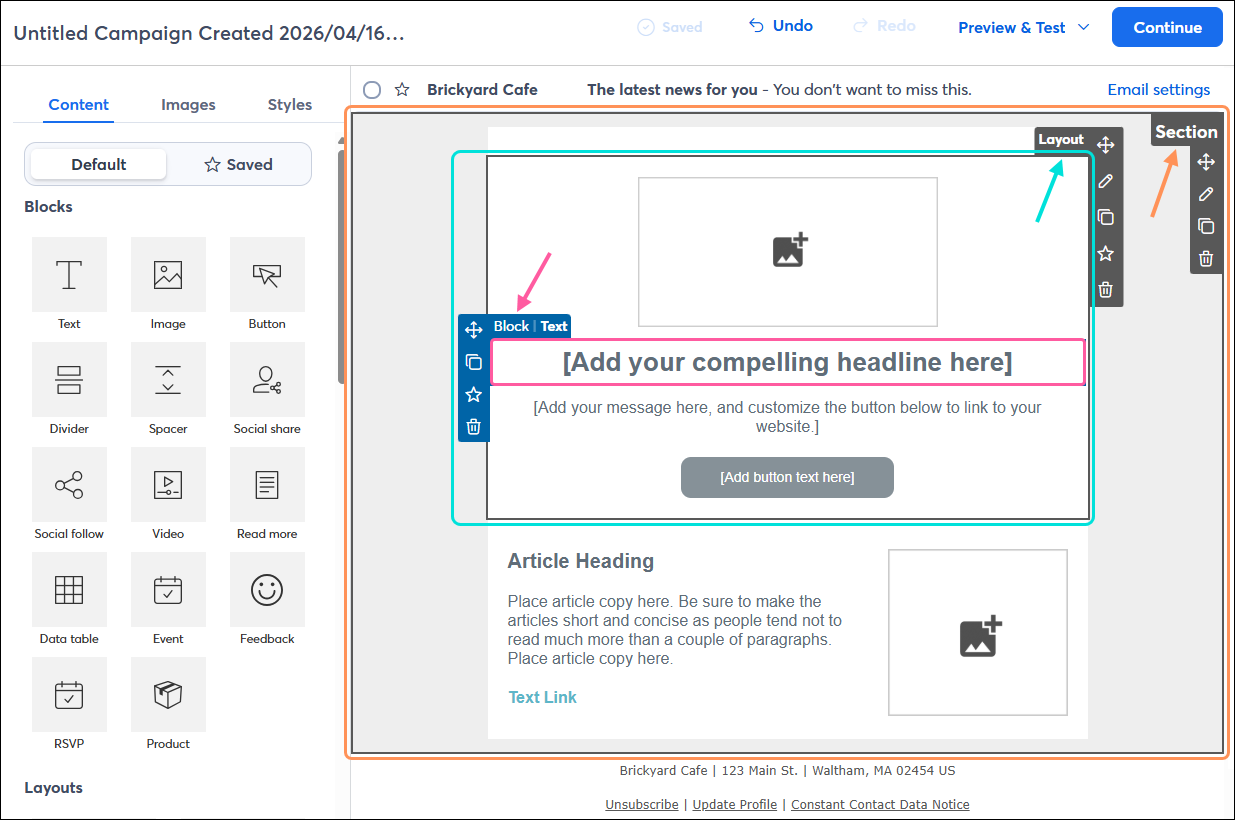 Email editor with an individual Text block highlighted within a Layout, all within a larger Section