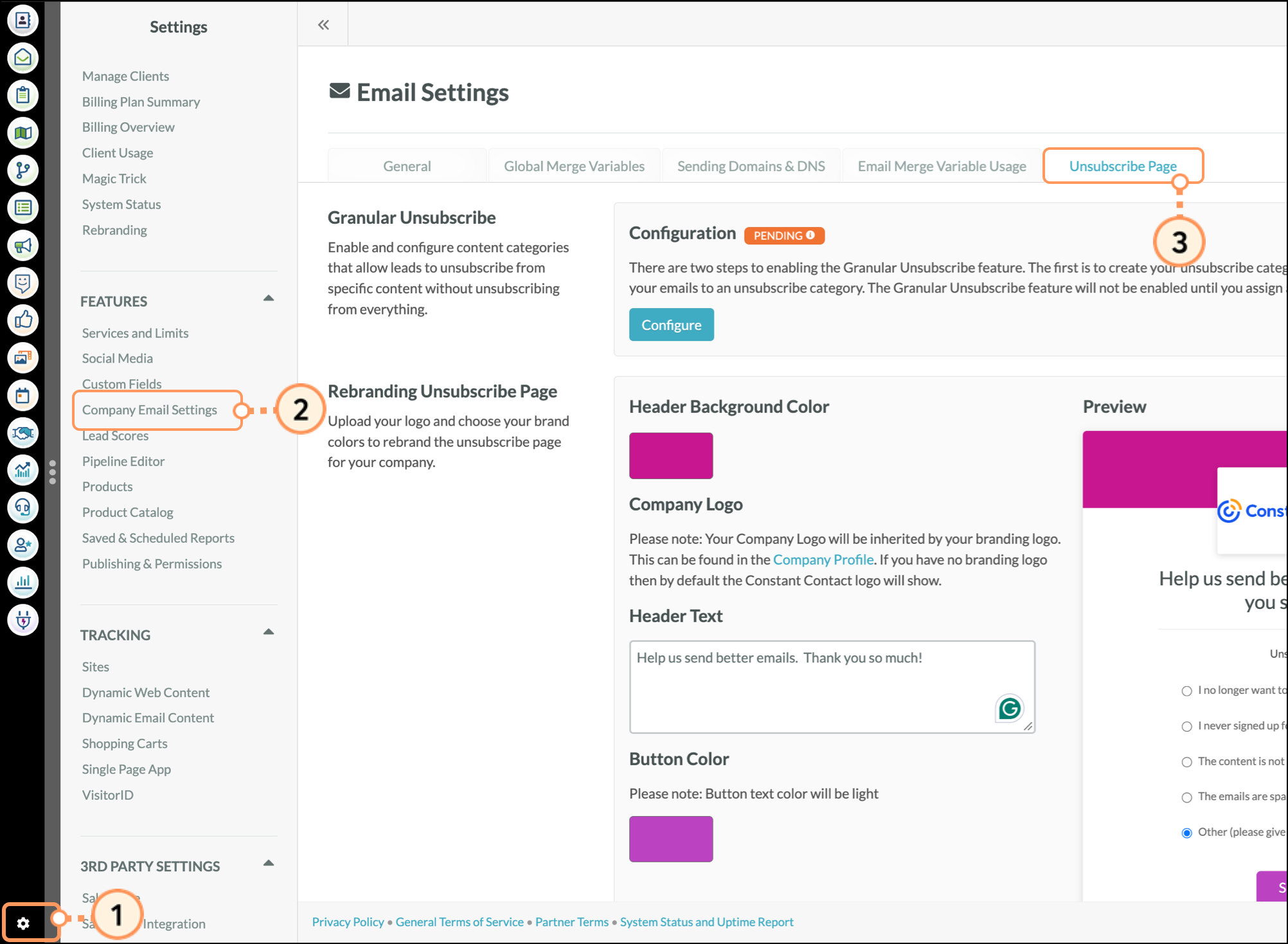 Unsubscribe Page tab in the Company Email Settings section of Lead Gen & CRM