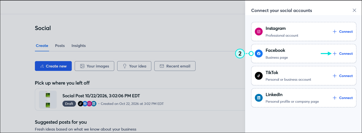 Social page with Connect your social accounts panel expanded, Facebook option with + Connect link
