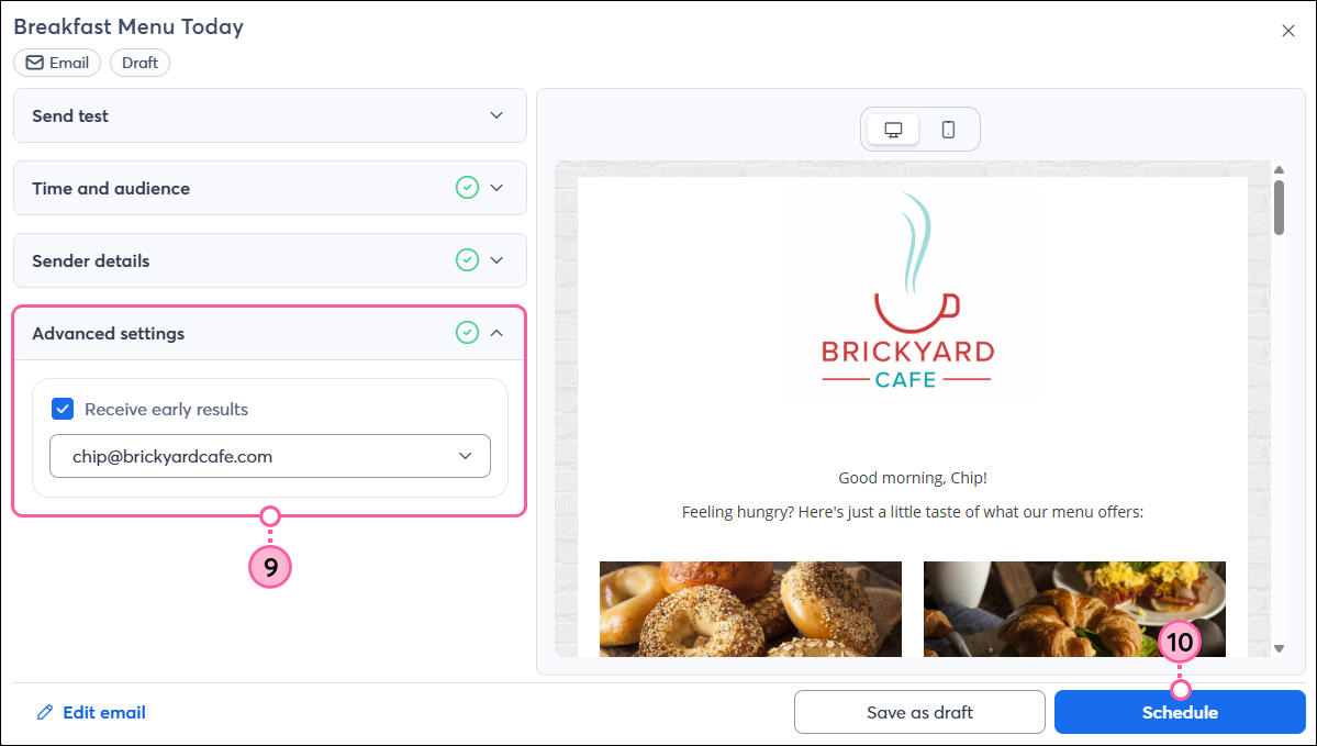Email schedule page with Advanced Settings section and Schedule button in lower-right