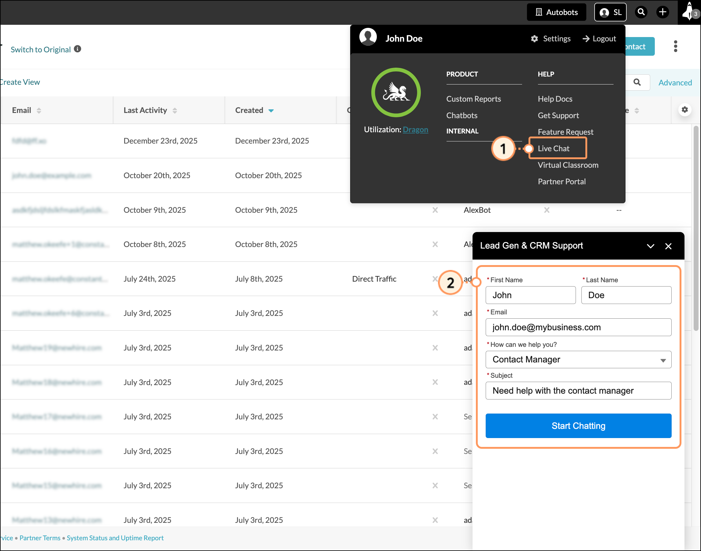 Expanded User Menu with expanded LiveChat button