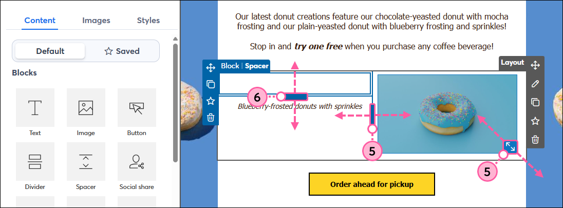 Drag handles to resize column width, spacer height, and image size