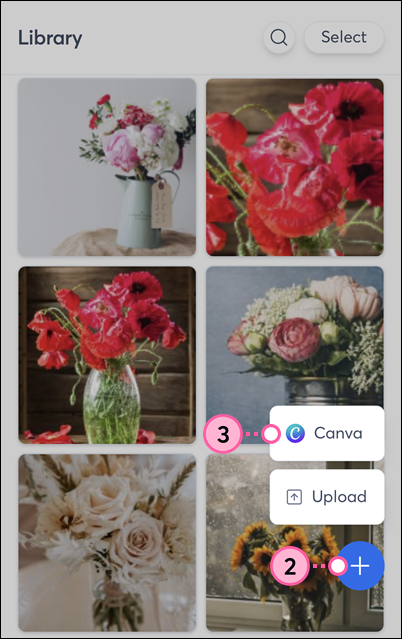 Constant Contact Library on mobile web browser, plus symbol, and Canva option