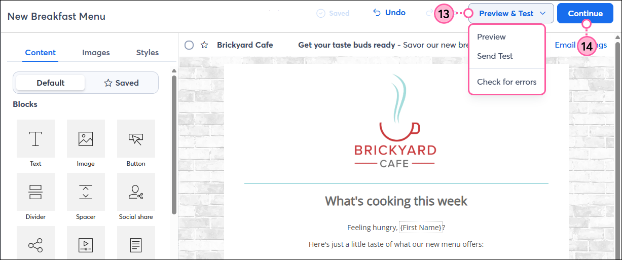 Email editor with Preview and Test drop-down menu expanded and Continue button