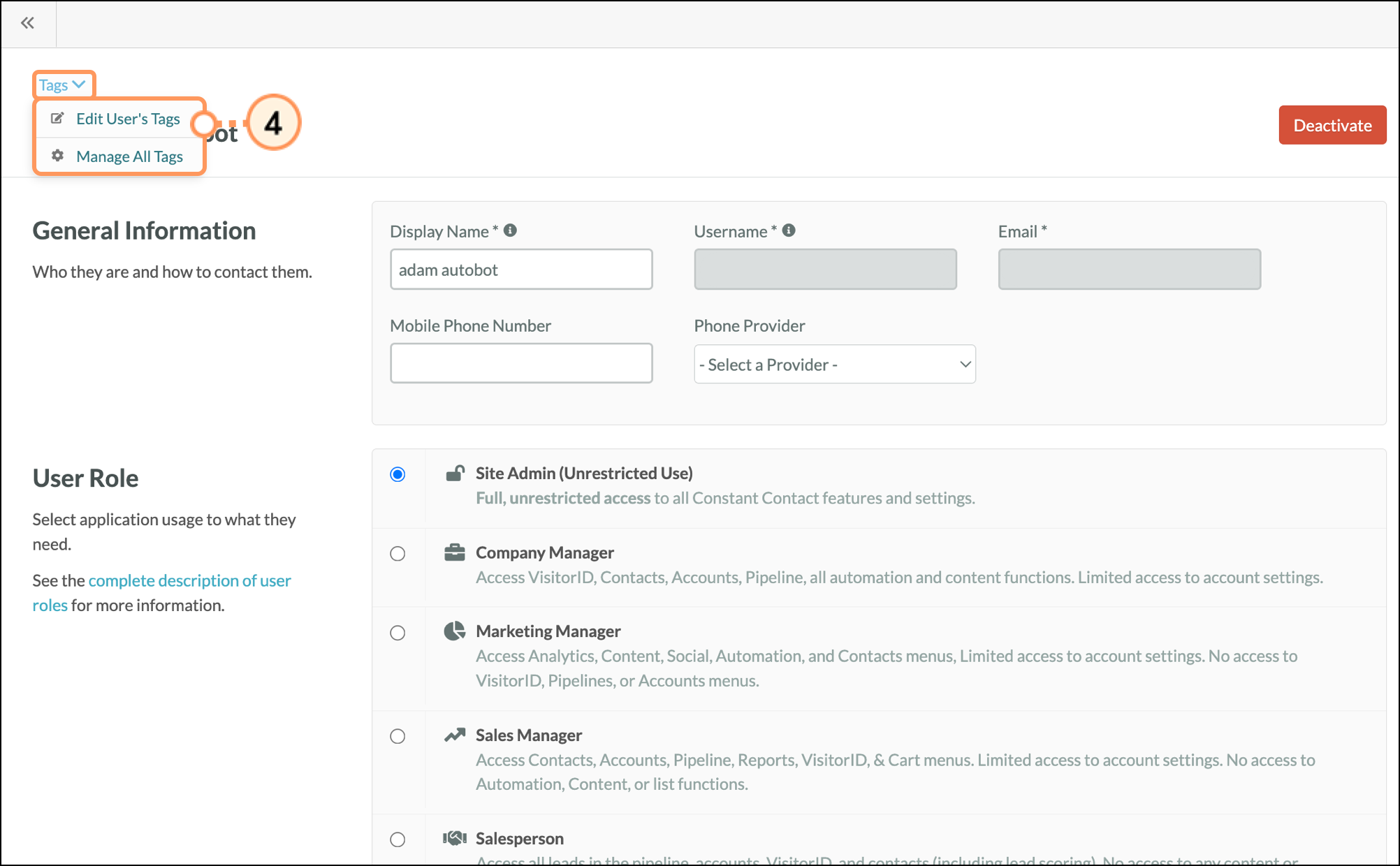 Tags options in the expanded Tags menu in the user profile