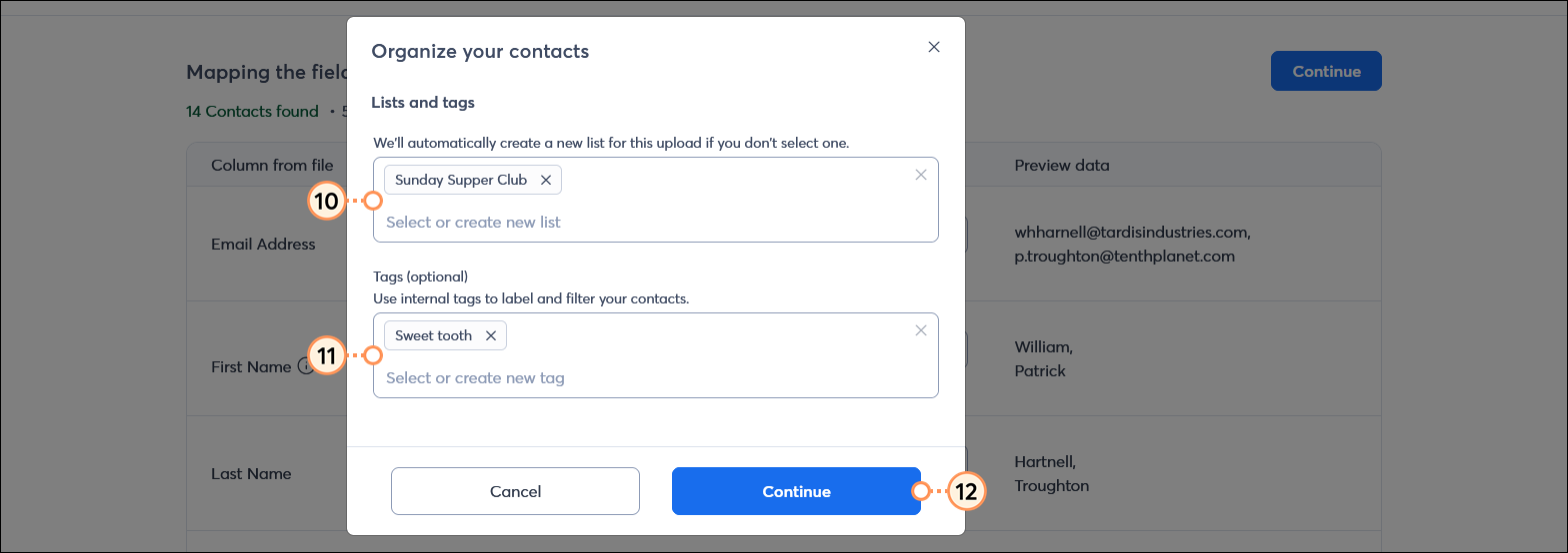 Organize your contacts overlay with Lists field, Tags (optional) field, and Continue button