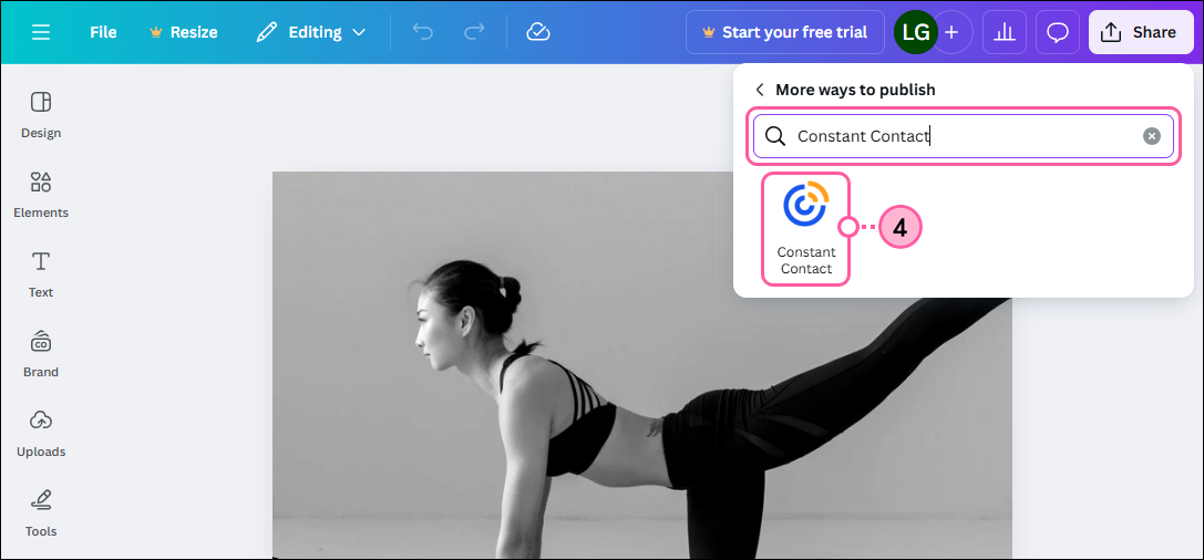 Canva design Share drop-down, Search bar, and Constant Contact app selected