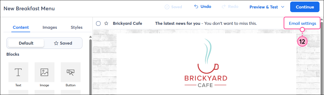 Email editor with Email Settings link