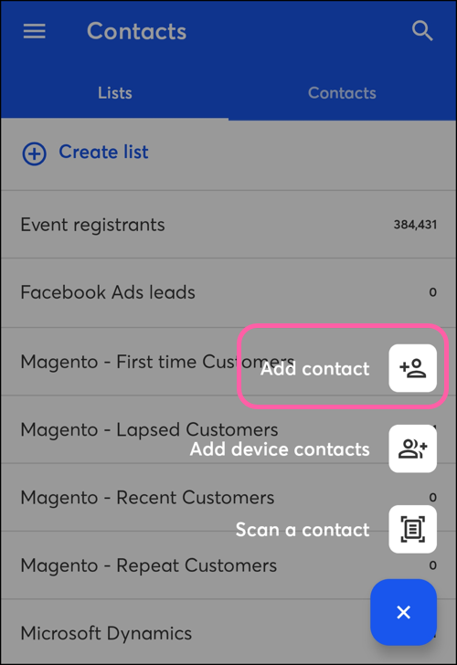 Expanded Add Contacts menu with Add contact, Add Device contact, and Scan contact options above X exit button