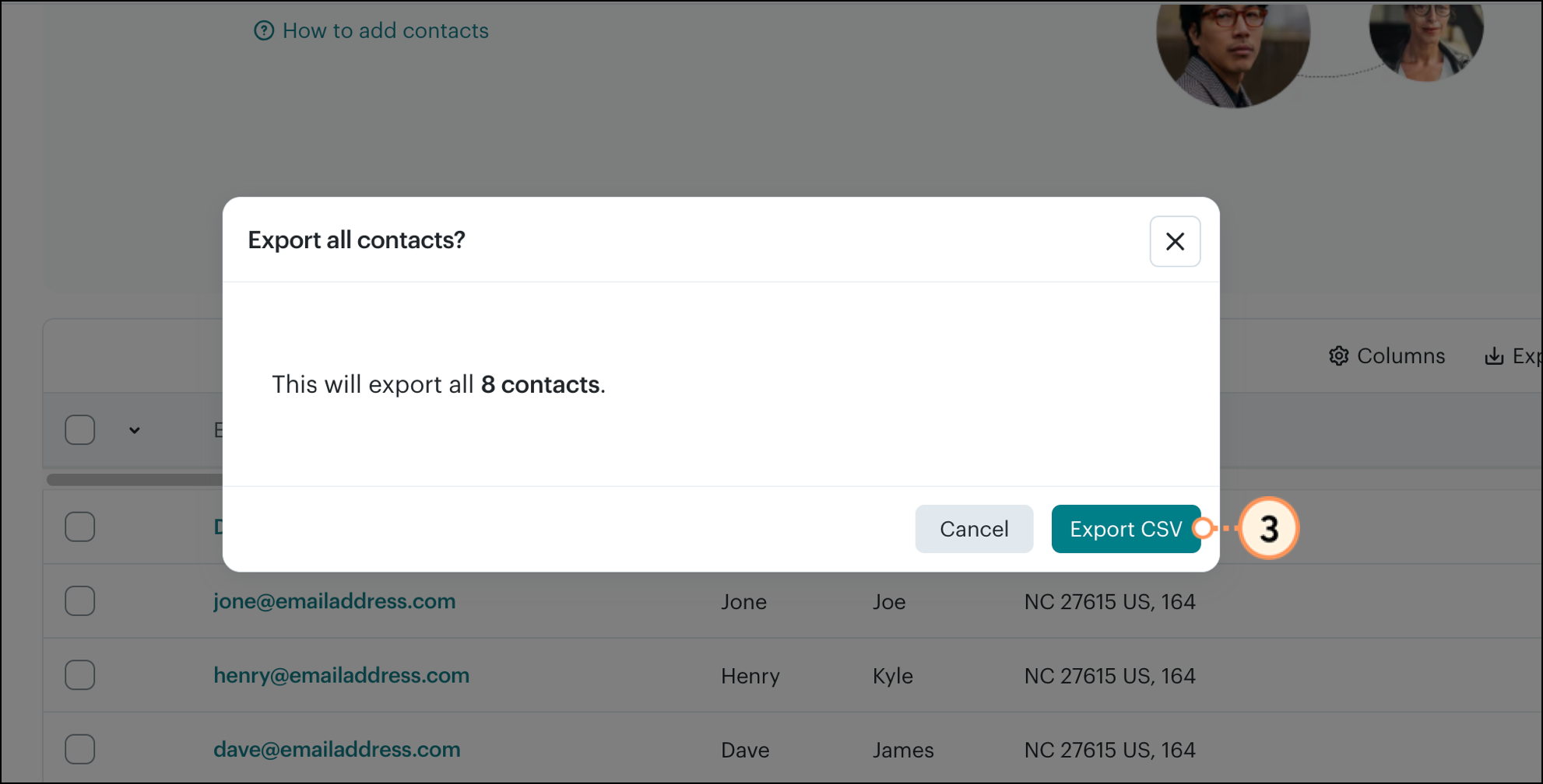 Green Export CSV button in popup