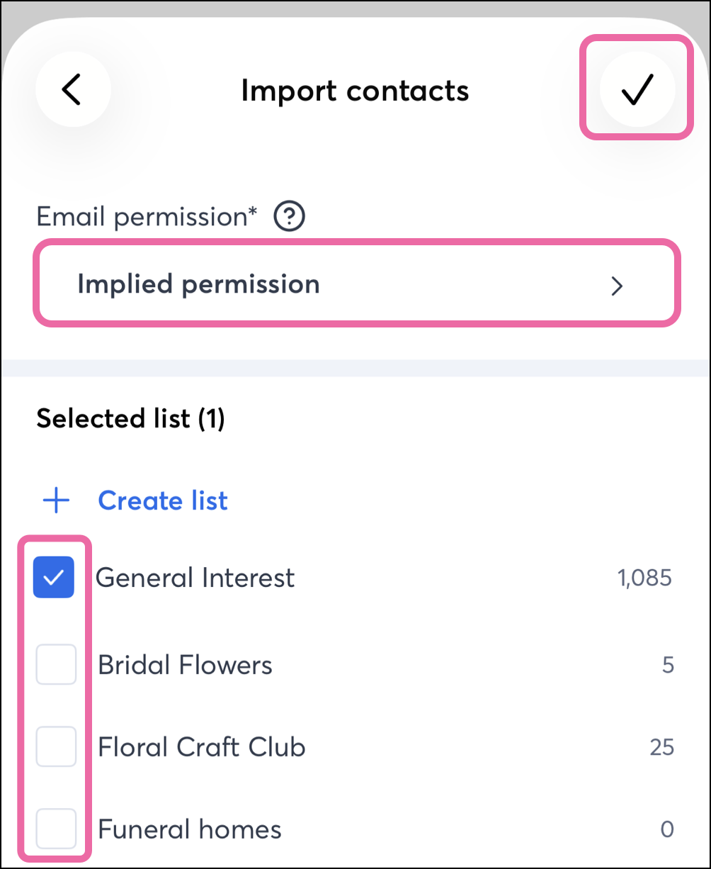 Email permission dropdown and lists to select from below save checkmark in the top corner