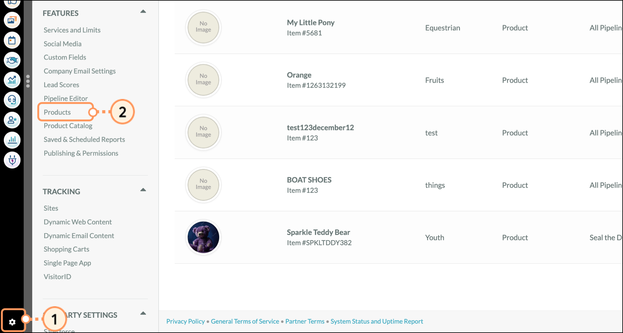Products in the Features section of the Settings menu