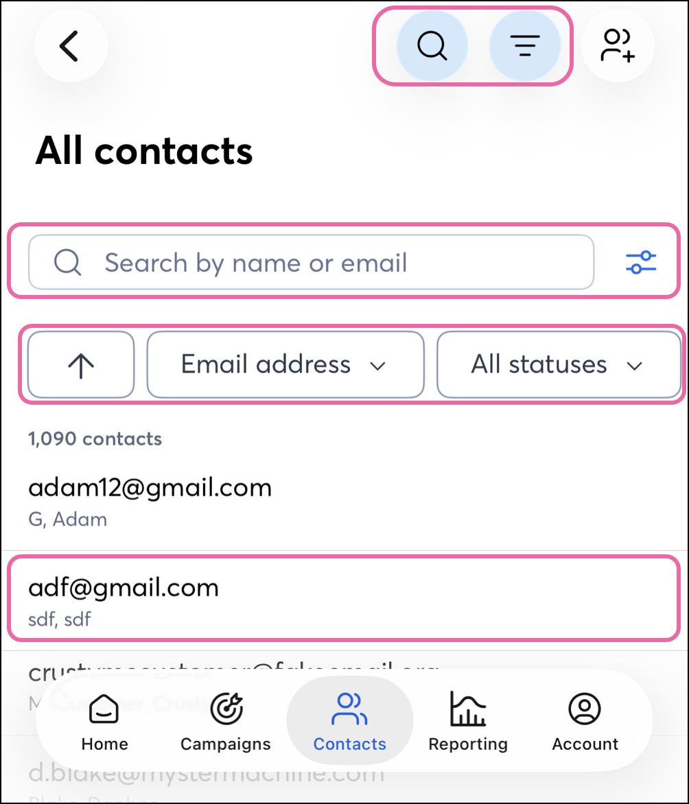 Selected filters in the All Contacts section