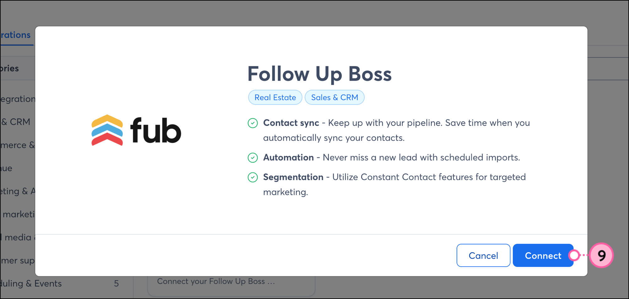 Blue Connect button in the Follow Up Boss overview pop-up
