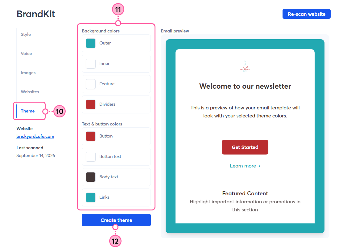 BrandKit Theme tab, template element color swatches, and Create Theme button