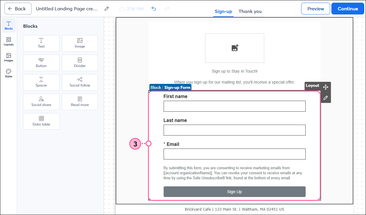 Landing Page editor with Sign-up Form block selected