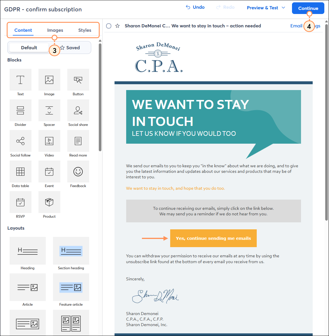 Email editor with GDPR template and branded content, and Continue button