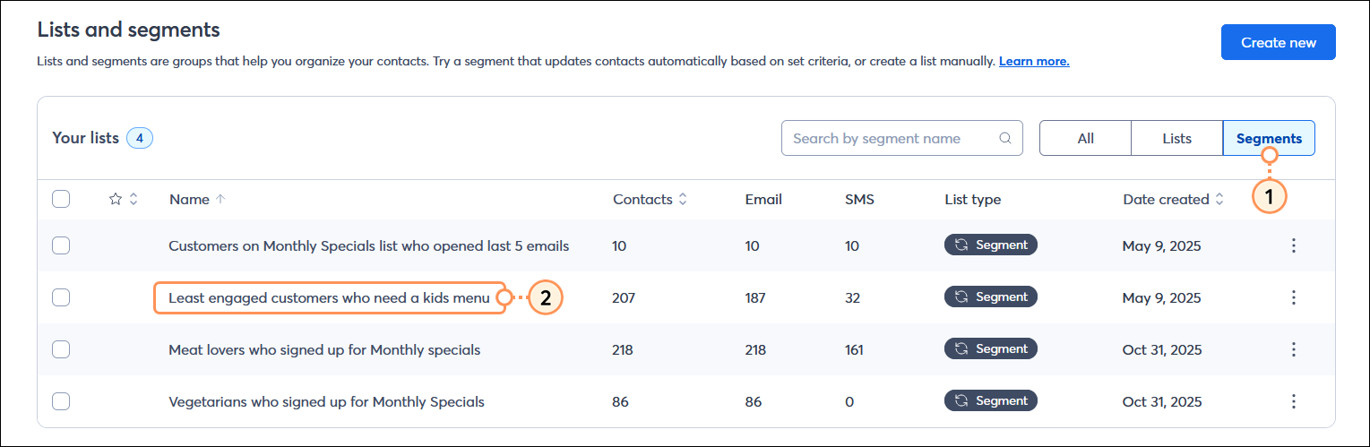 Lists and segments page with List type options and Segments option selected, and Your lists table and segment name