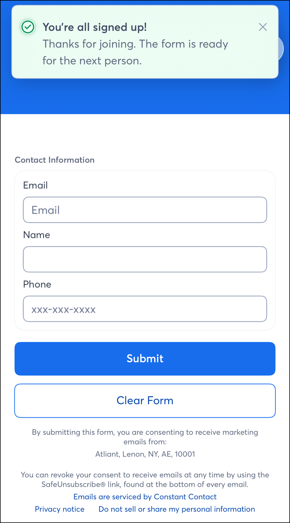 You're all signed up message pop-up hovering above cleared contact fields
