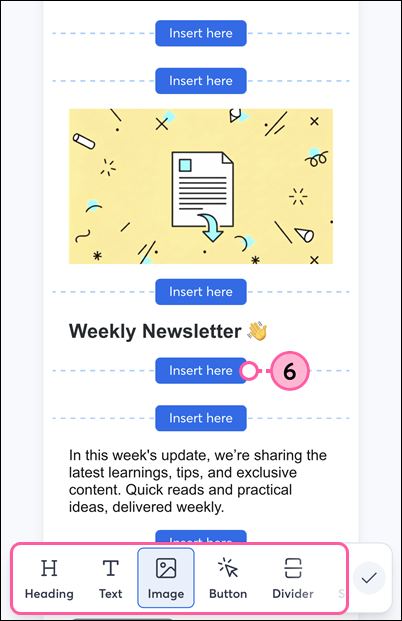 Mobile web email editor with element options and Insert Here options