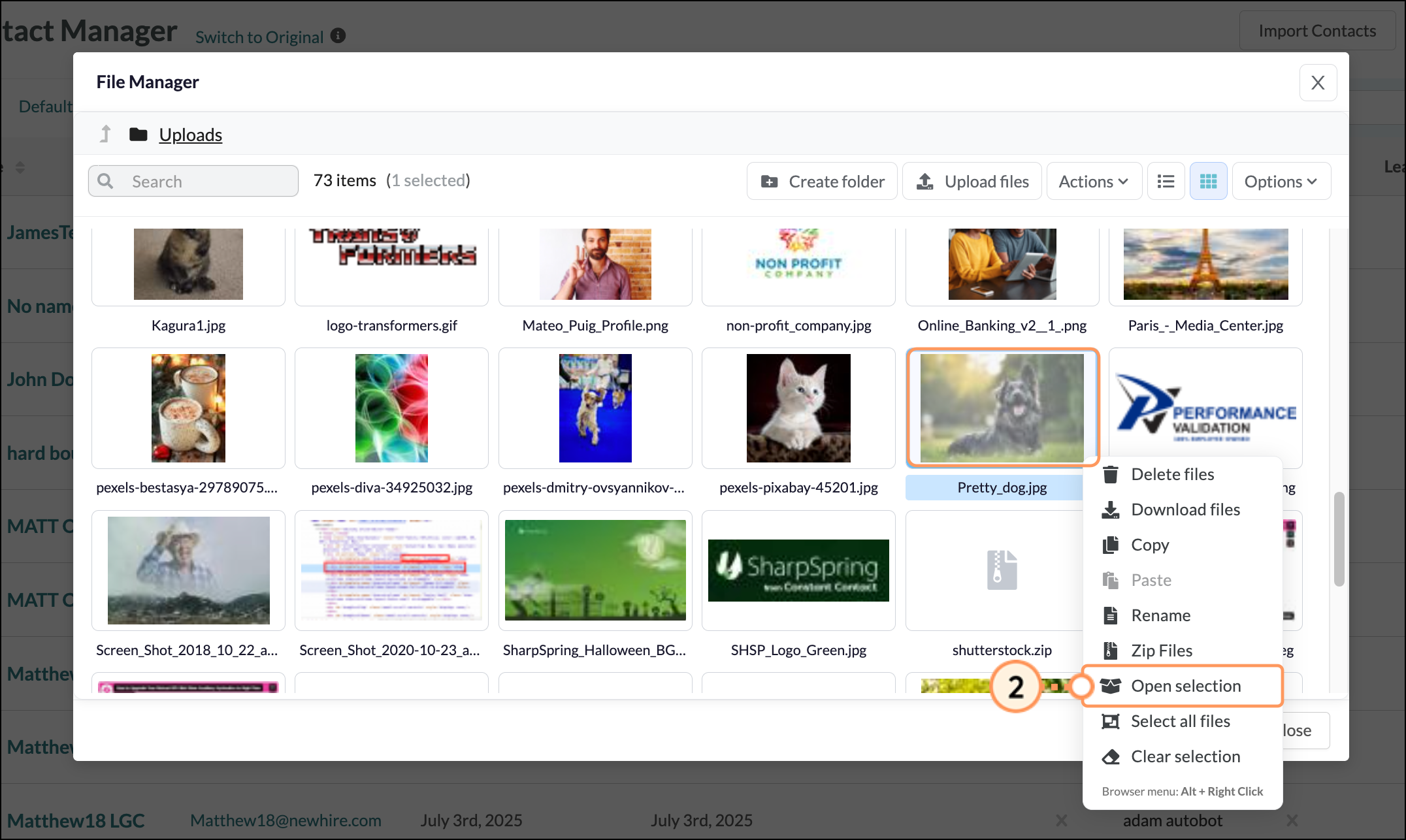 Expanded settings dropdown menu of an image in the File Manager