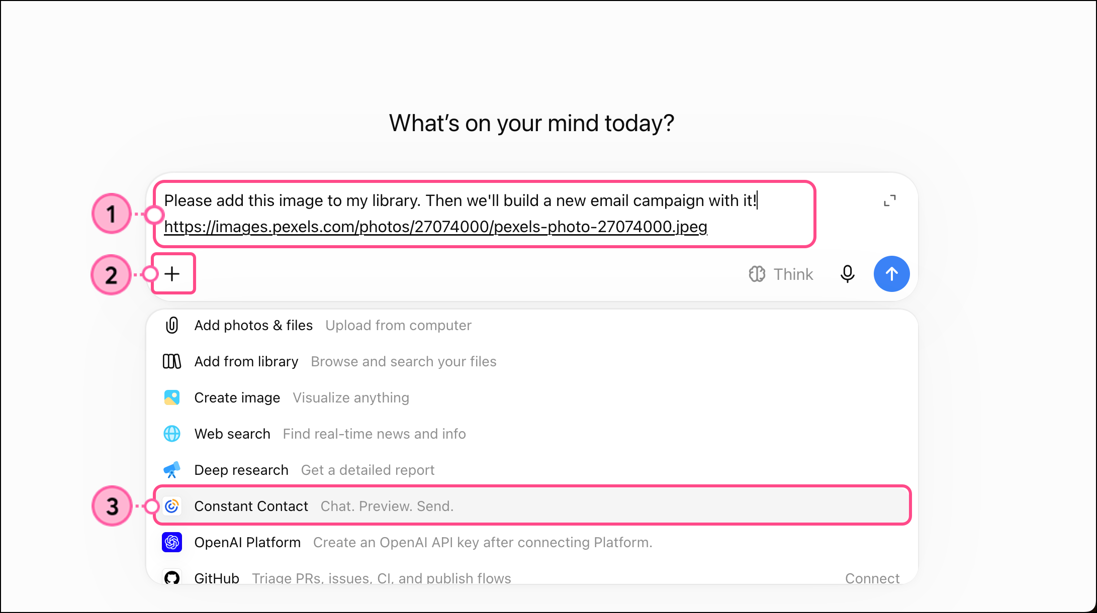 ChatGPT image upload request with URL and expanded app list