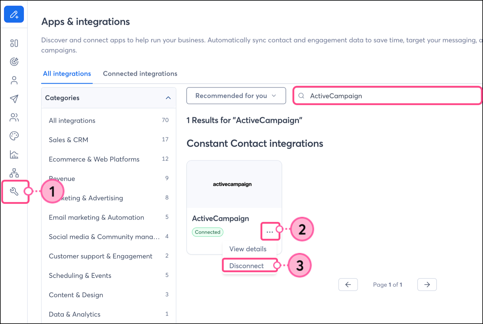 Disconnect in the expanded three-dot settings menu of the ActiveCampaign integration card