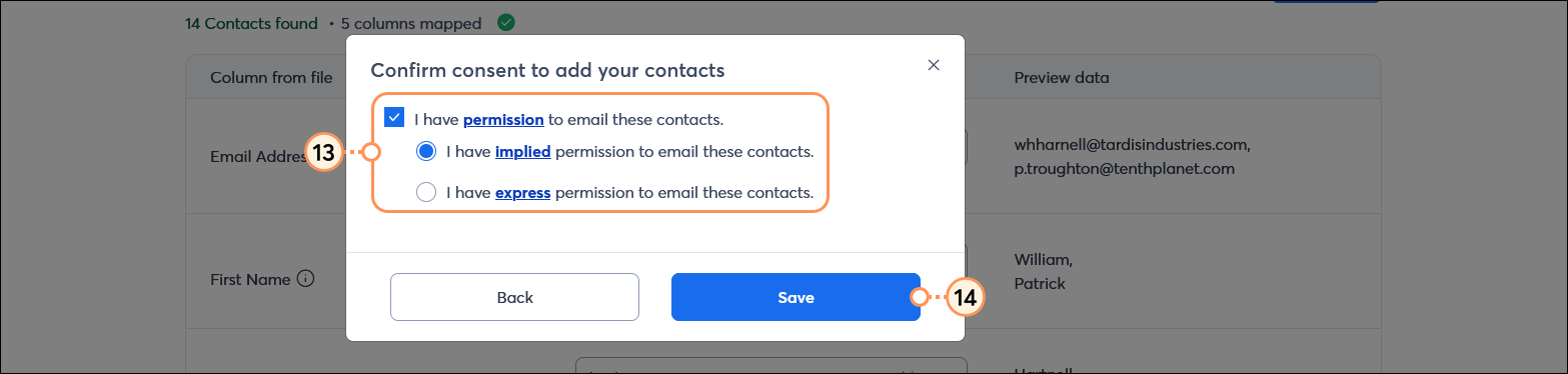Confirm consent to add your contacts overlay with I have permission to email these contacts option selected, implied and epress permission options, and Save button