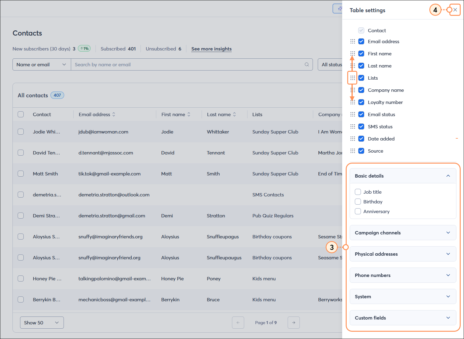 All contacts table with Table Settings menu expanded, selected column headers, header options, and close button