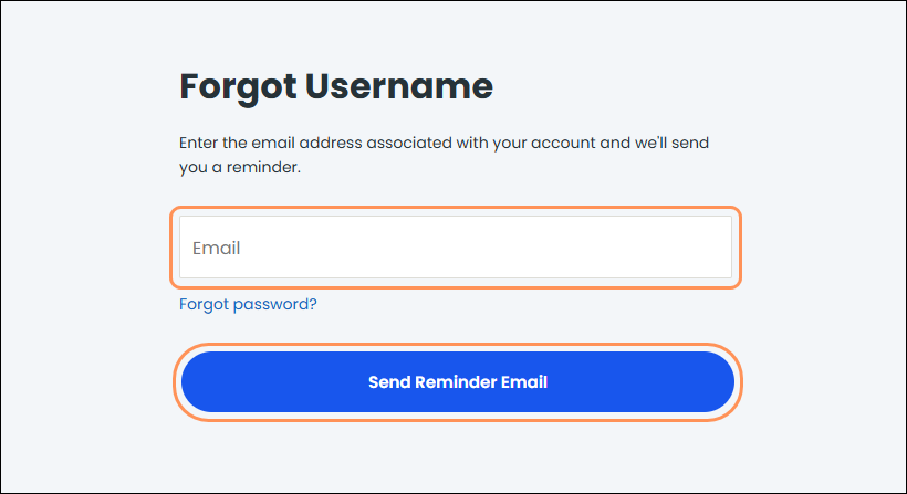Forgot Username page, Email address field, and Send Reminder Email button
