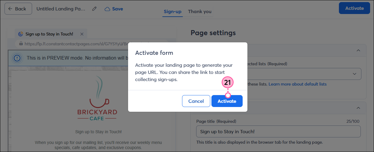 Activate Form confirmation pop-up with Activate button