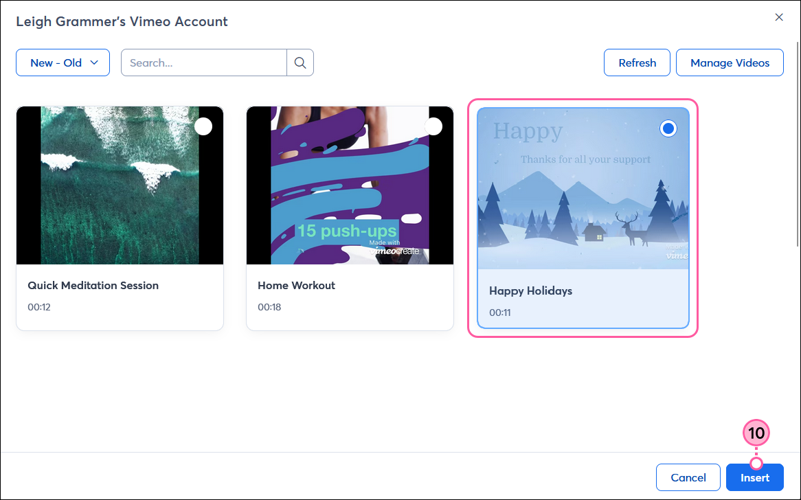 Select a Vimeo Video and Insert