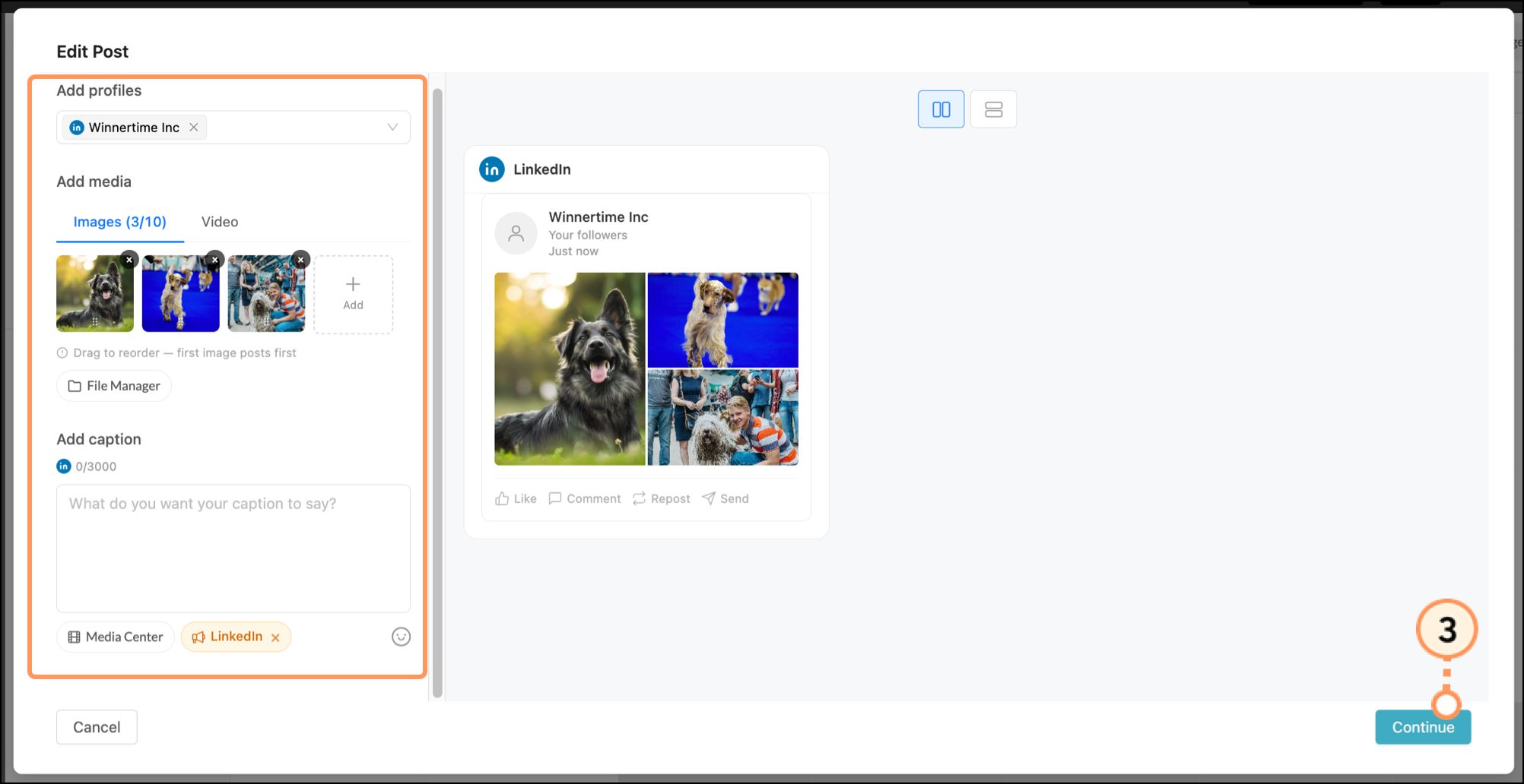 Edit Posts popup with selected LinkedIn campaign and Continue button