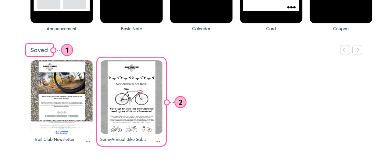 Saved section with template thumbnail selected