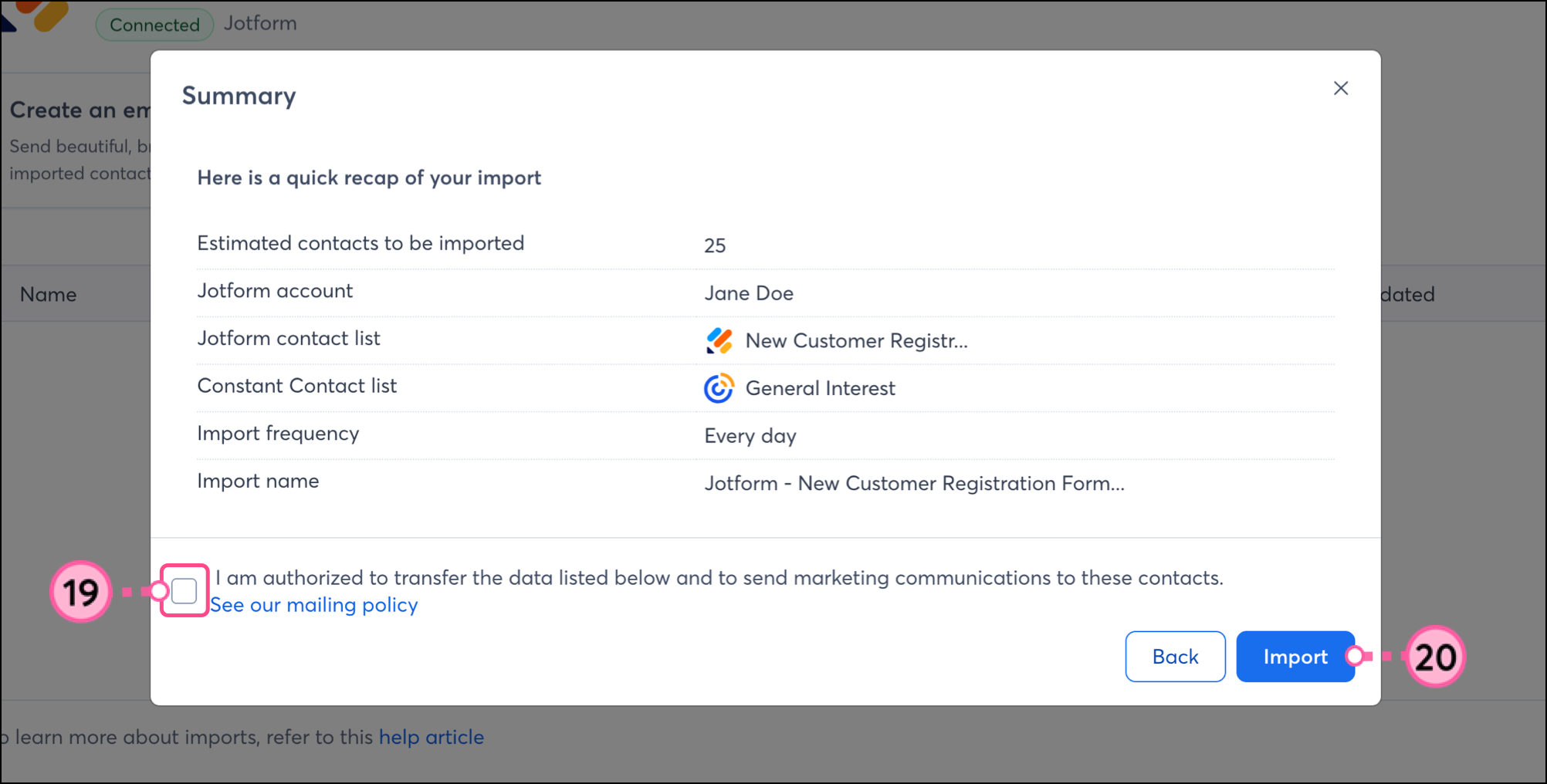 Summary popup with authorization checkbox on the left and blue Import button