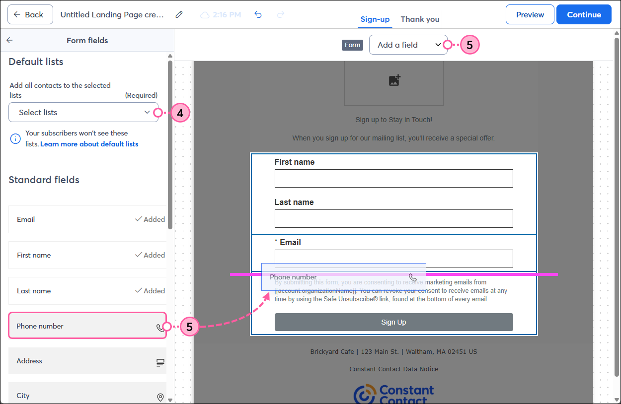 Landing Page editor with Form Fields panel on the left, Default Lists drop-down, Standard Field to insert, and Add a Field drop-down in top toolbar