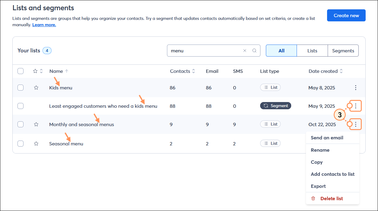 Lists and segments page with All option selected, Search field, search results, and list and segment menu options with list menu expanded