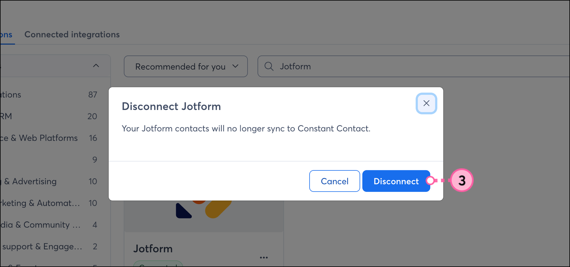 Disconnect button on the confirmation popup Disconnect button on the confirmation popup