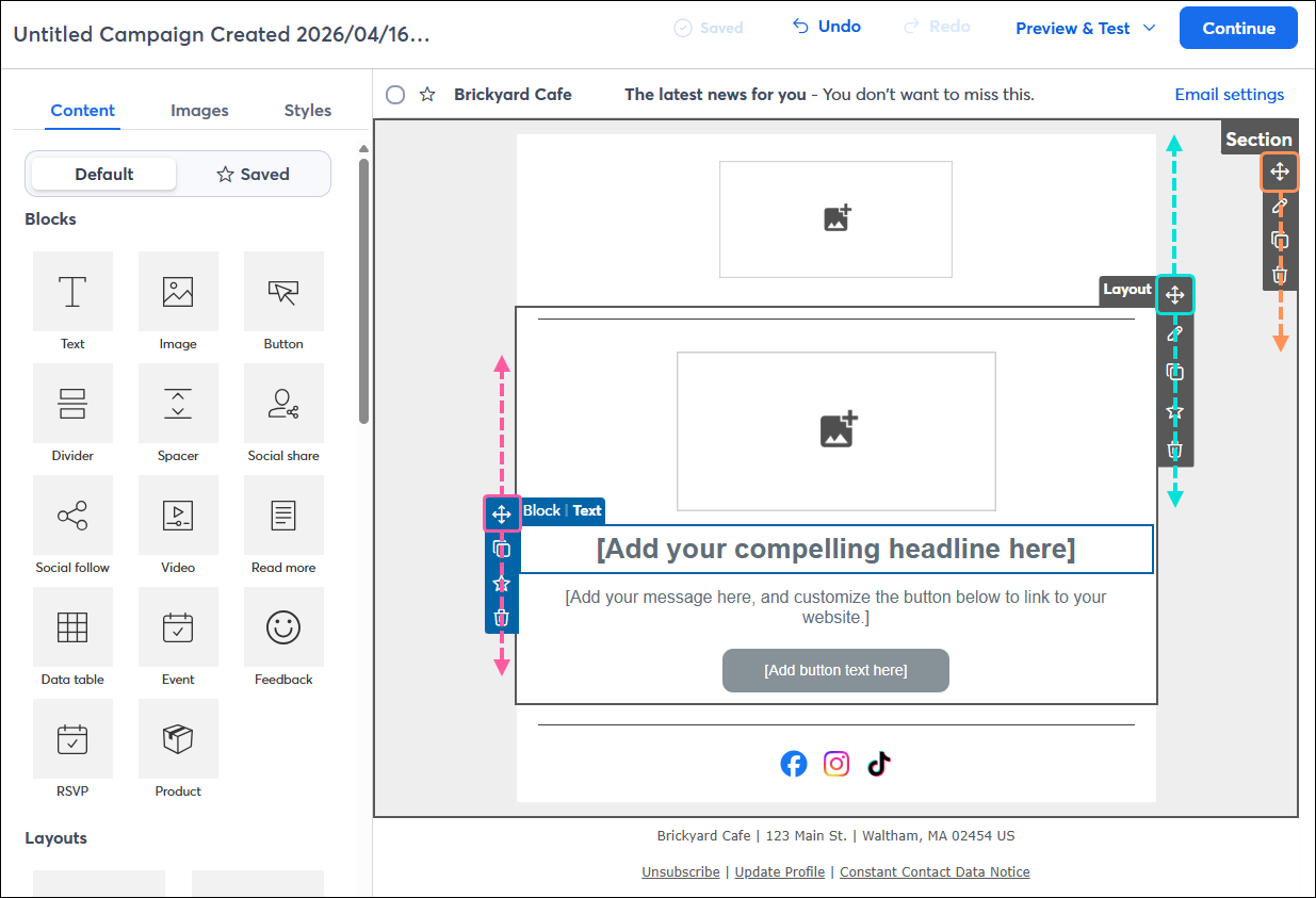Email editor with Move icon selected in Block, Layout, and Section menus expanded