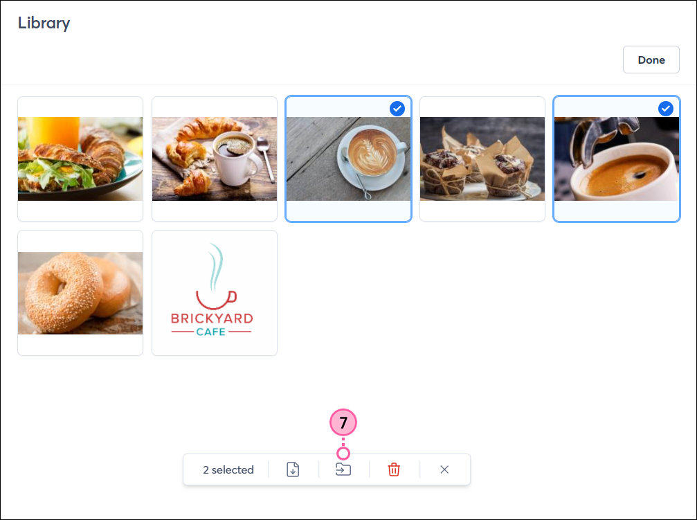 Library with multiple images selected and Folder icon