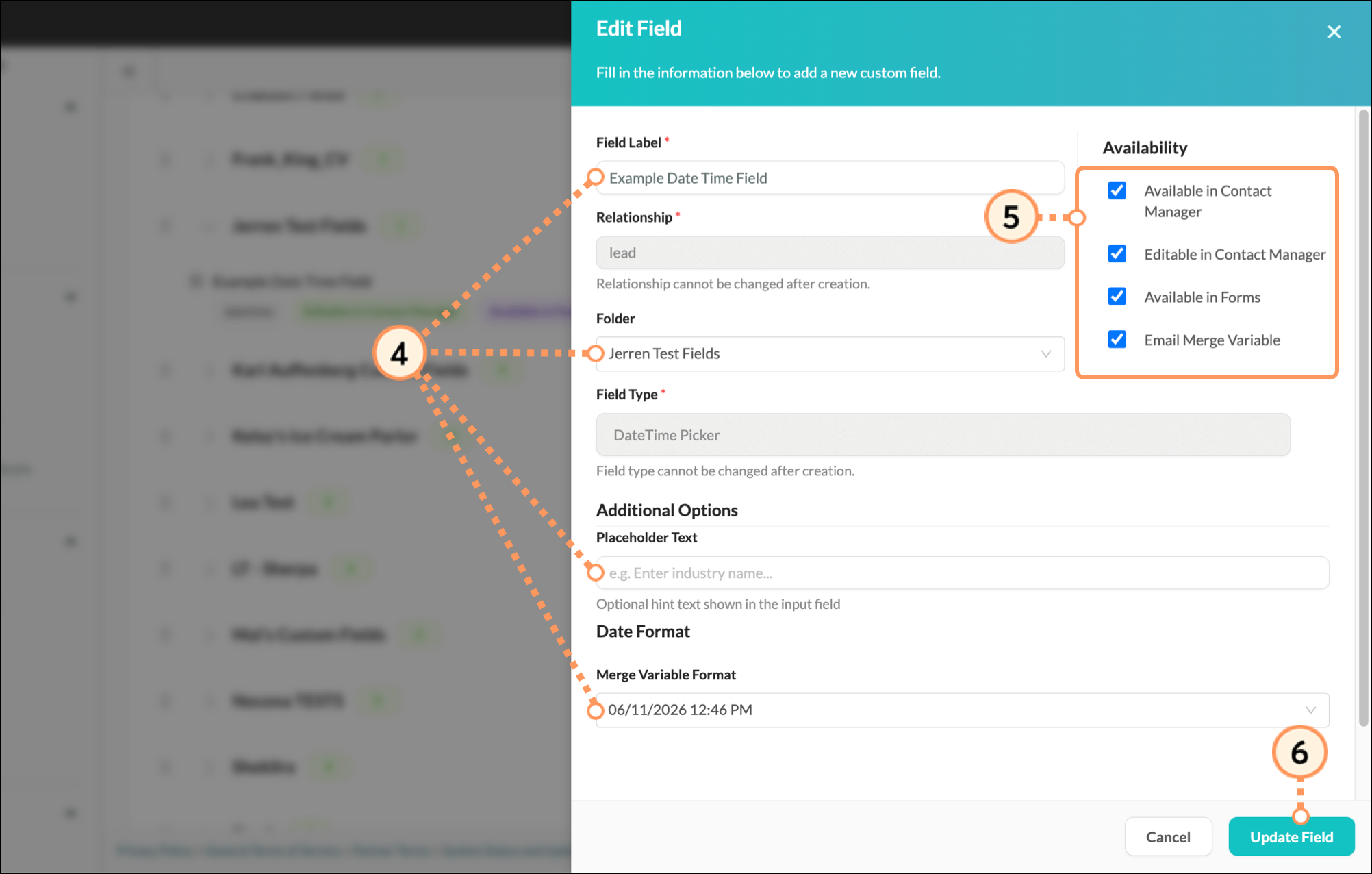 Edit Field page with editable fields, Availability, and blue Update Field button